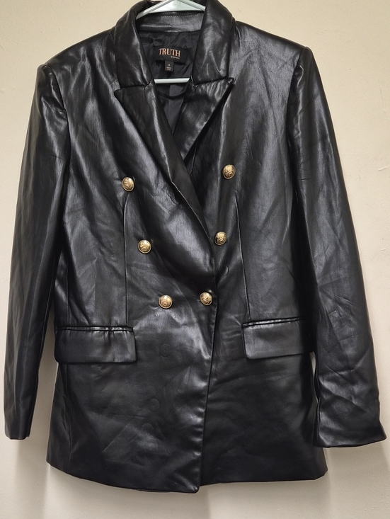 Truth Jackets & Blazers - Truth Black Faux Leather Double-Breasted Blazer with Gold Buttons Size 8